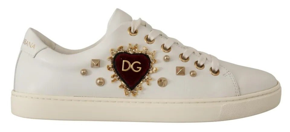 Dolce & Gabbana White Leather Gold Red Heart Sneakers Shoes - SMARTMARTNZ