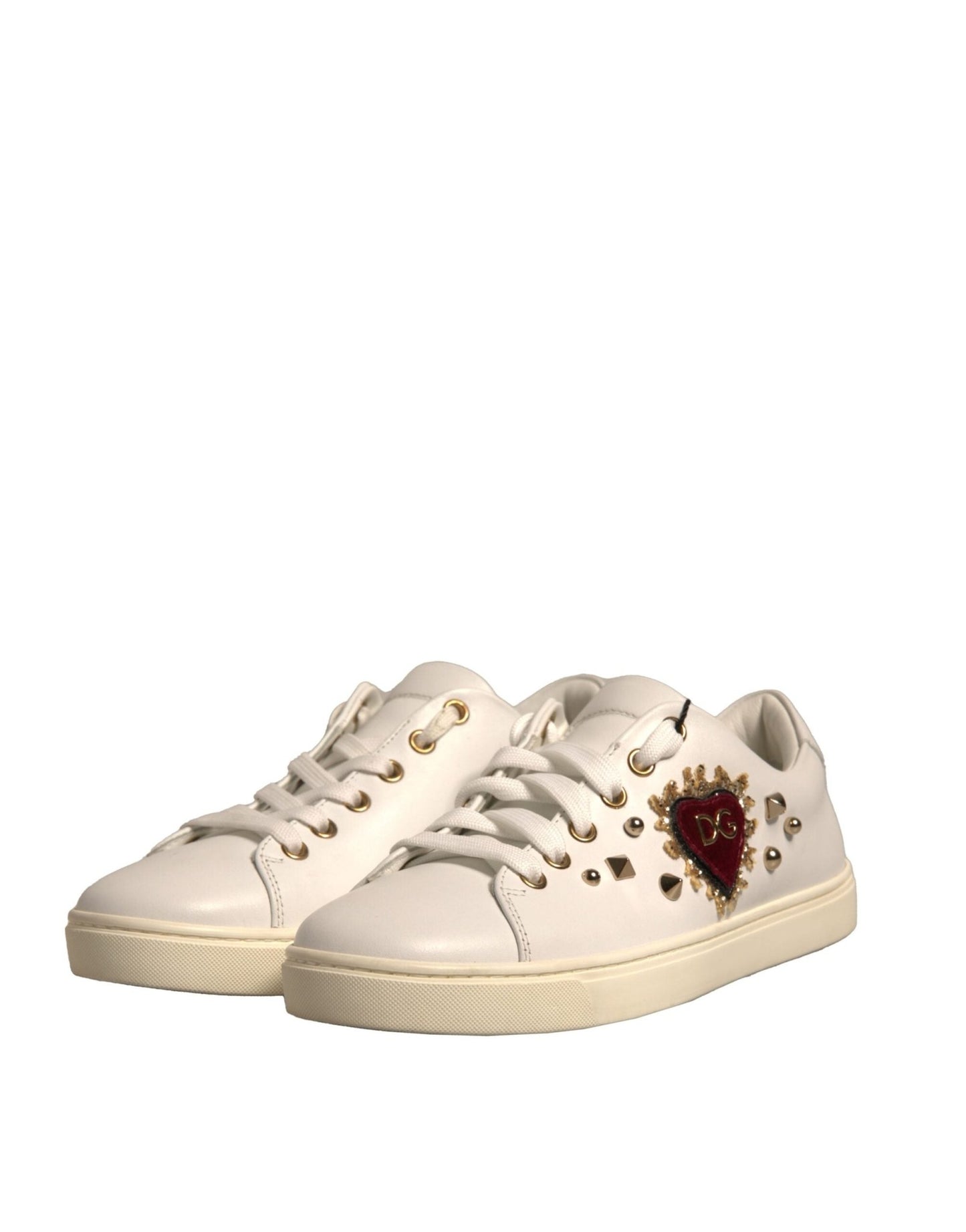 Dolce & Gabbana White Leather Gold Red Heart Sneakers Shoes - SMARTMARTNZ