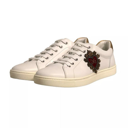 Dolce & Gabbana White Leather Heart Embellished Sneakers Shoes - SMARTMARTNZ