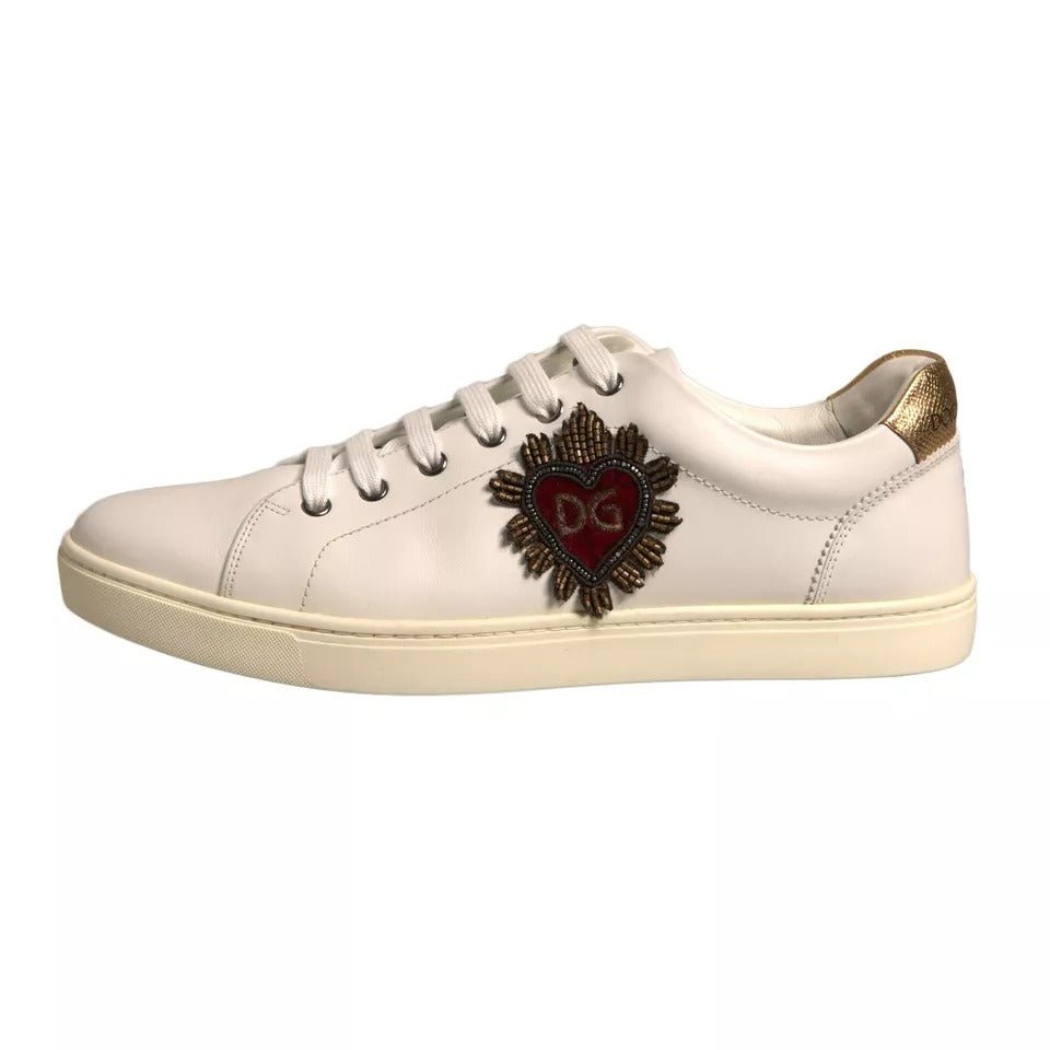 Dolce & Gabbana White Leather Heart Embellished Sneakers Shoes - SMARTMARTNZ