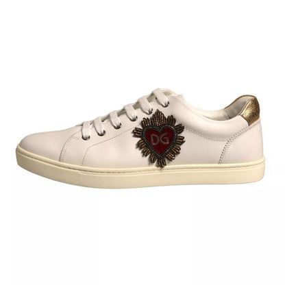 Dolce & Gabbana White Leather Heart Embellished Sneakers Shoes - SMARTMARTNZ