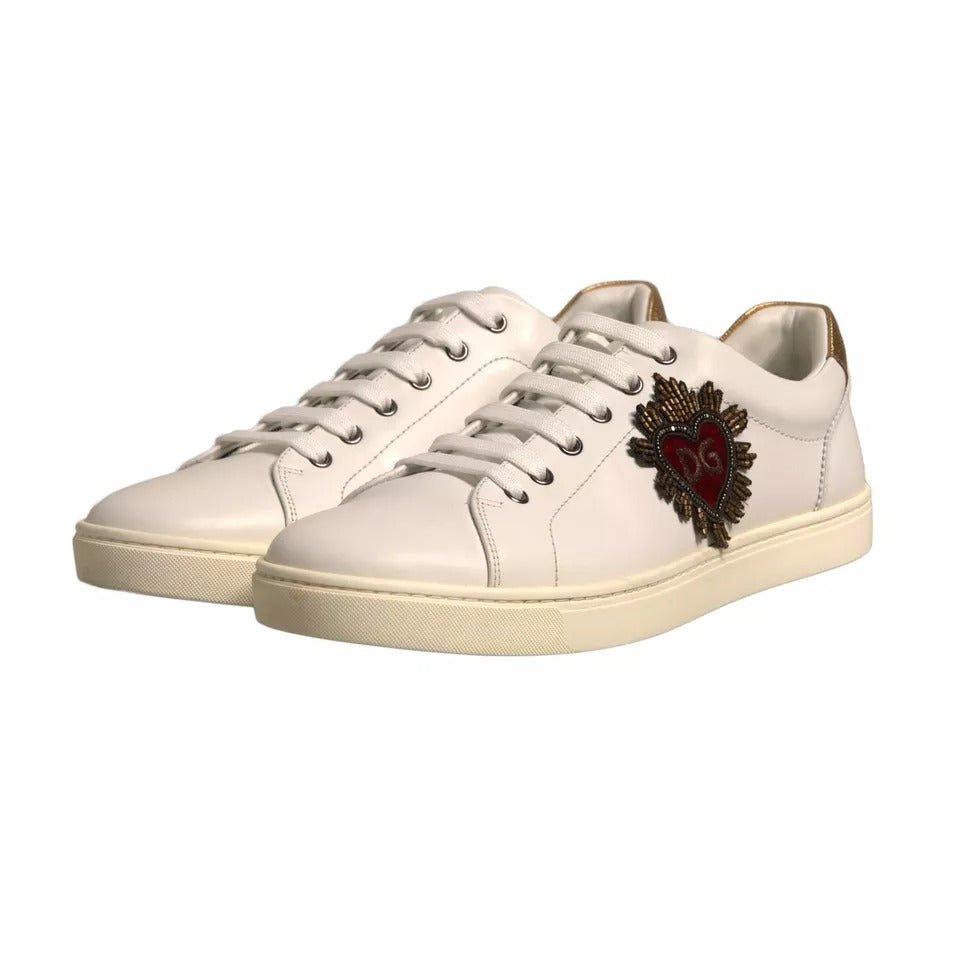 Dolce & Gabbana White Leather Heart Embellished Sneakers Shoes - SMARTMARTNZ