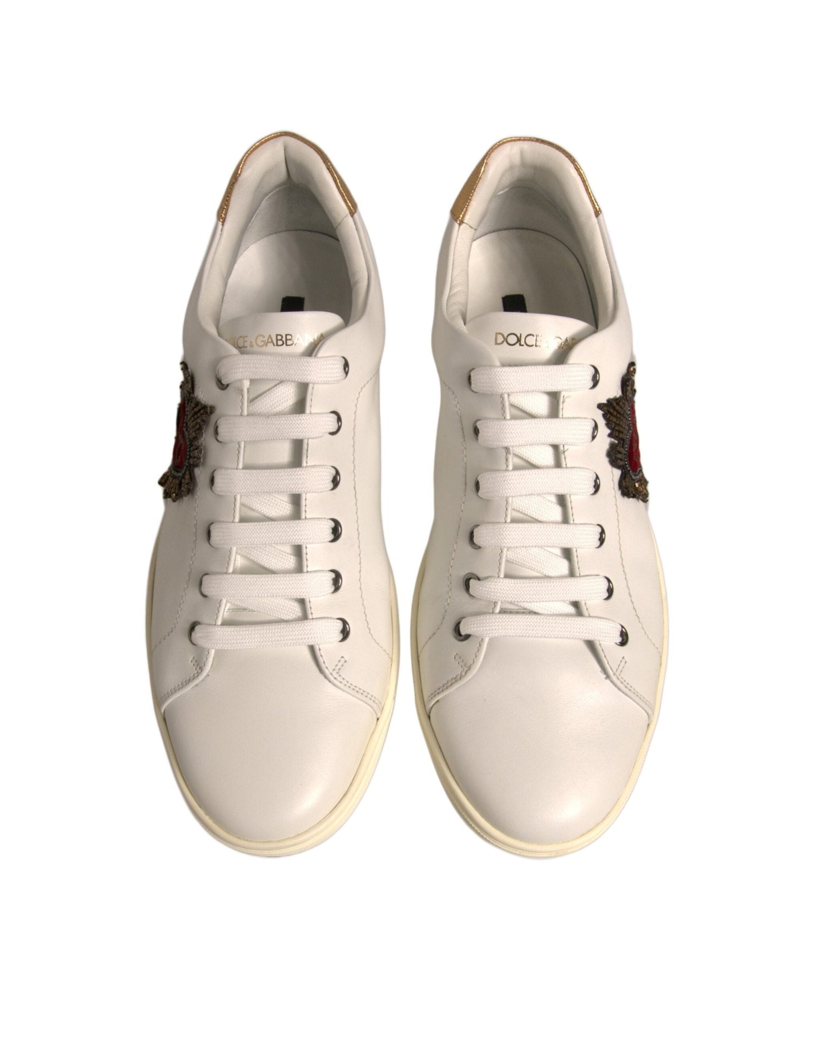 Dolce & Gabbana White Leather Heart Embellished Sneakers Shoes - SMARTMARTNZ