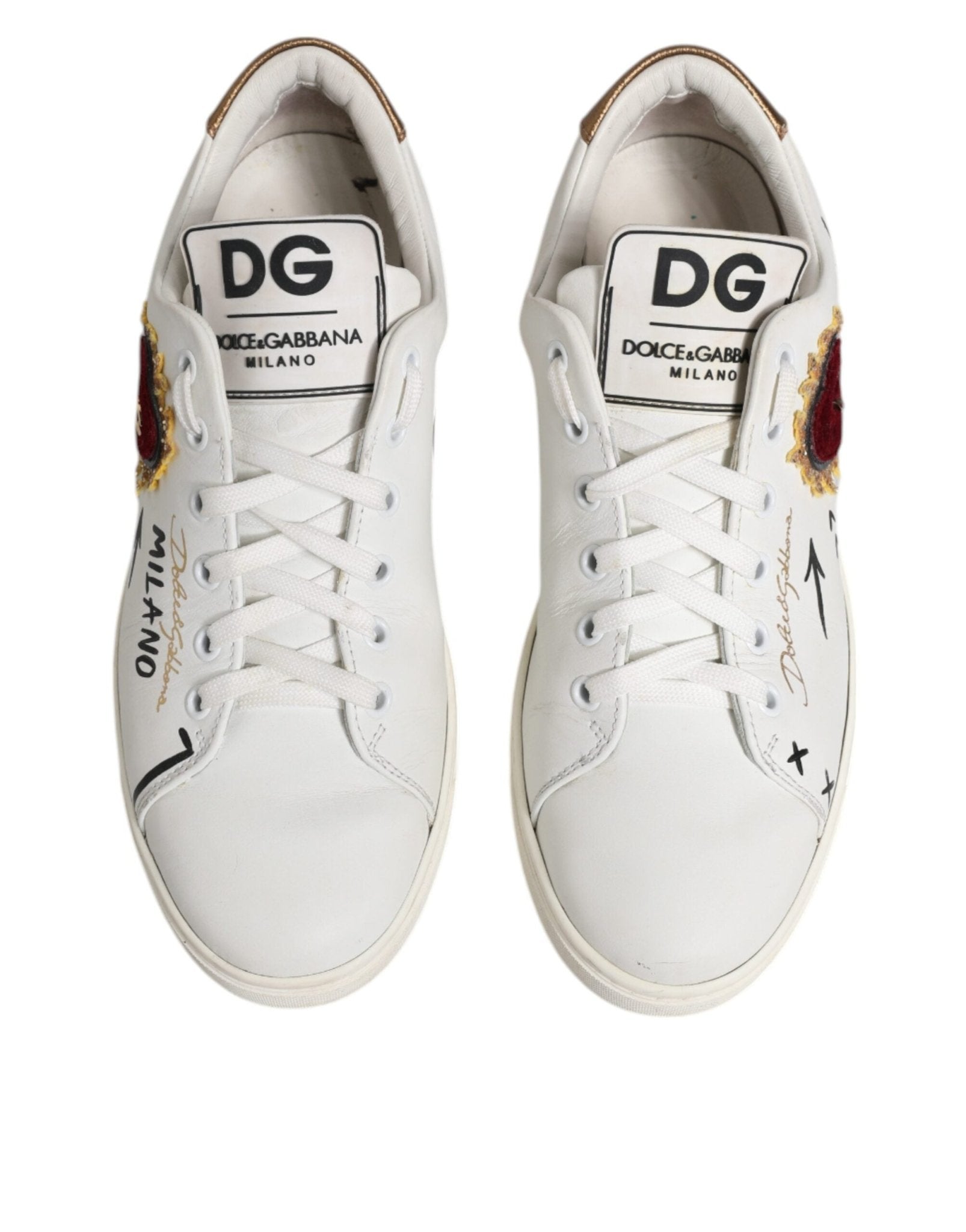 Dolce & Gabbana White Leather Heart Embellished Sneakers Shoes - SMARTMARTNZ
