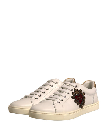 Dolce & Gabbana White Leather Heart Embellished Sneakers Shoes - SMARTMARTNZ