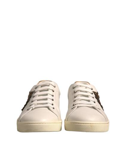 Dolce & Gabbana White Leather Heart Embellished Sneakers Shoes - SMARTMARTNZ