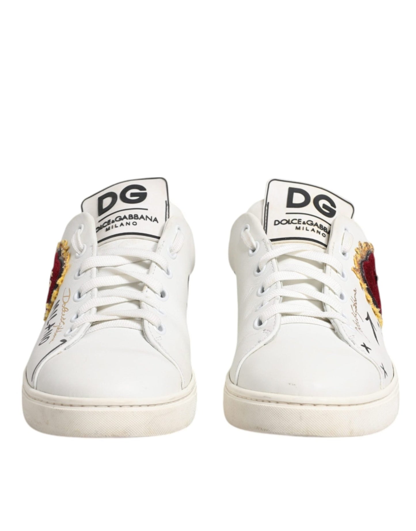 Dolce & Gabbana White Leather Heart Embellished Sneakers Shoes - SMARTMARTNZ