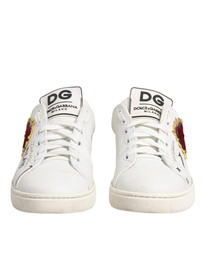 Dolce & Gabbana White Leather Heart Embellished Sneakers Shoes - SMARTMARTNZ