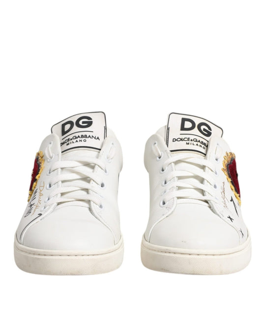 Dolce & Gabbana White Leather Heart Embellished Sneakers Shoes - SMARTMARTNZ
