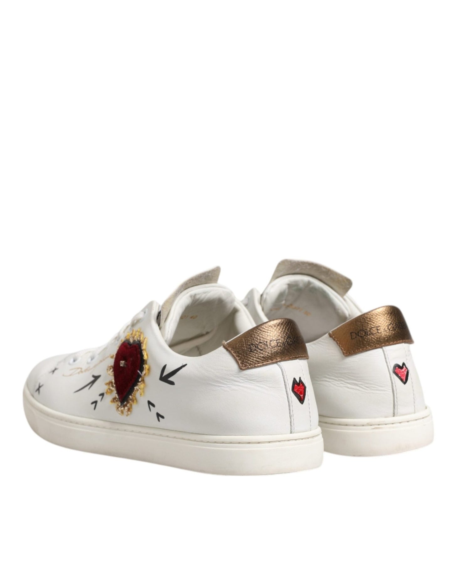 Dolce & Gabbana White Leather Heart Embellished Sneakers Shoes - SMARTMARTNZ