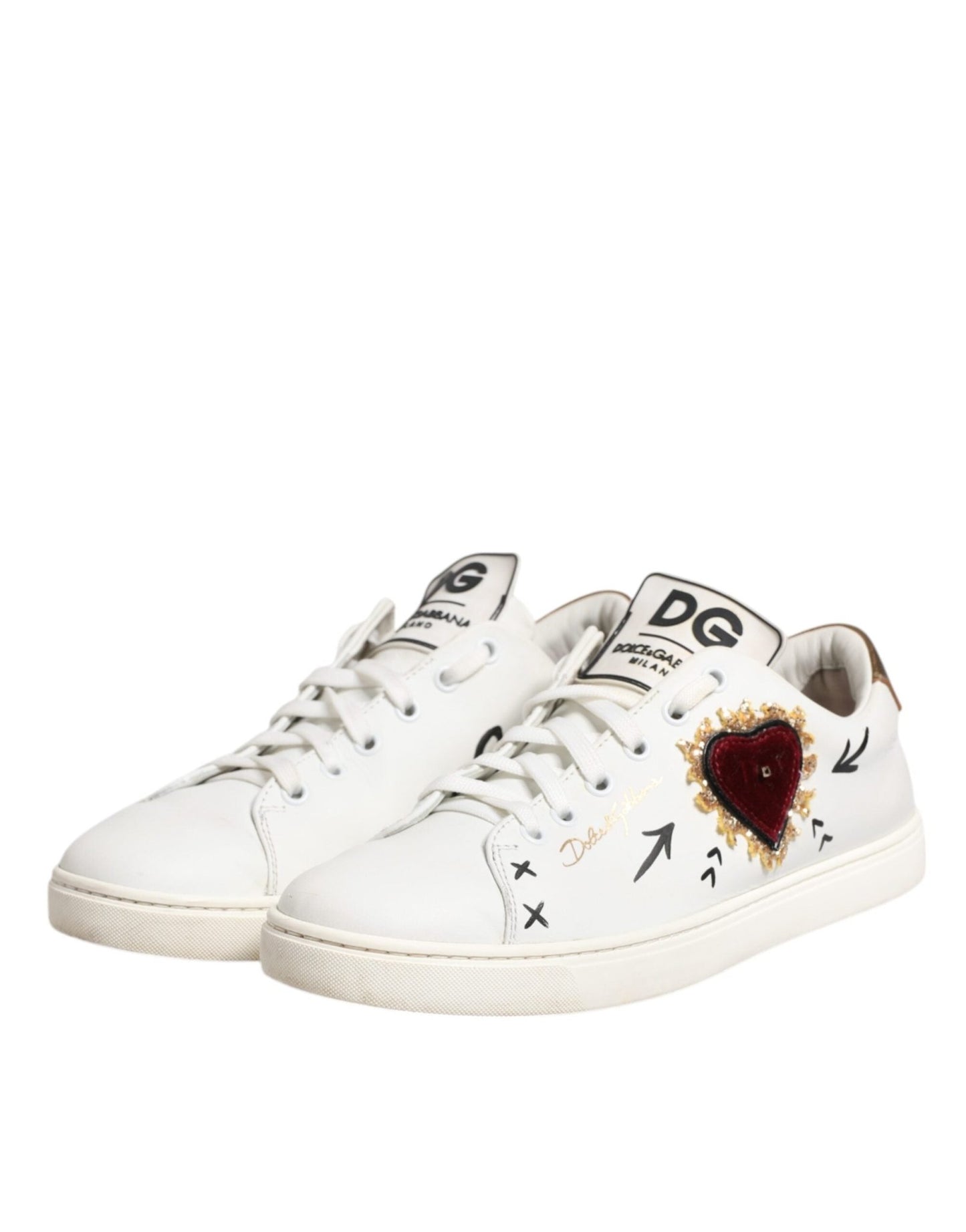 Dolce & Gabbana White Leather Heart Embellished Sneakers Shoes - SMARTMARTNZ