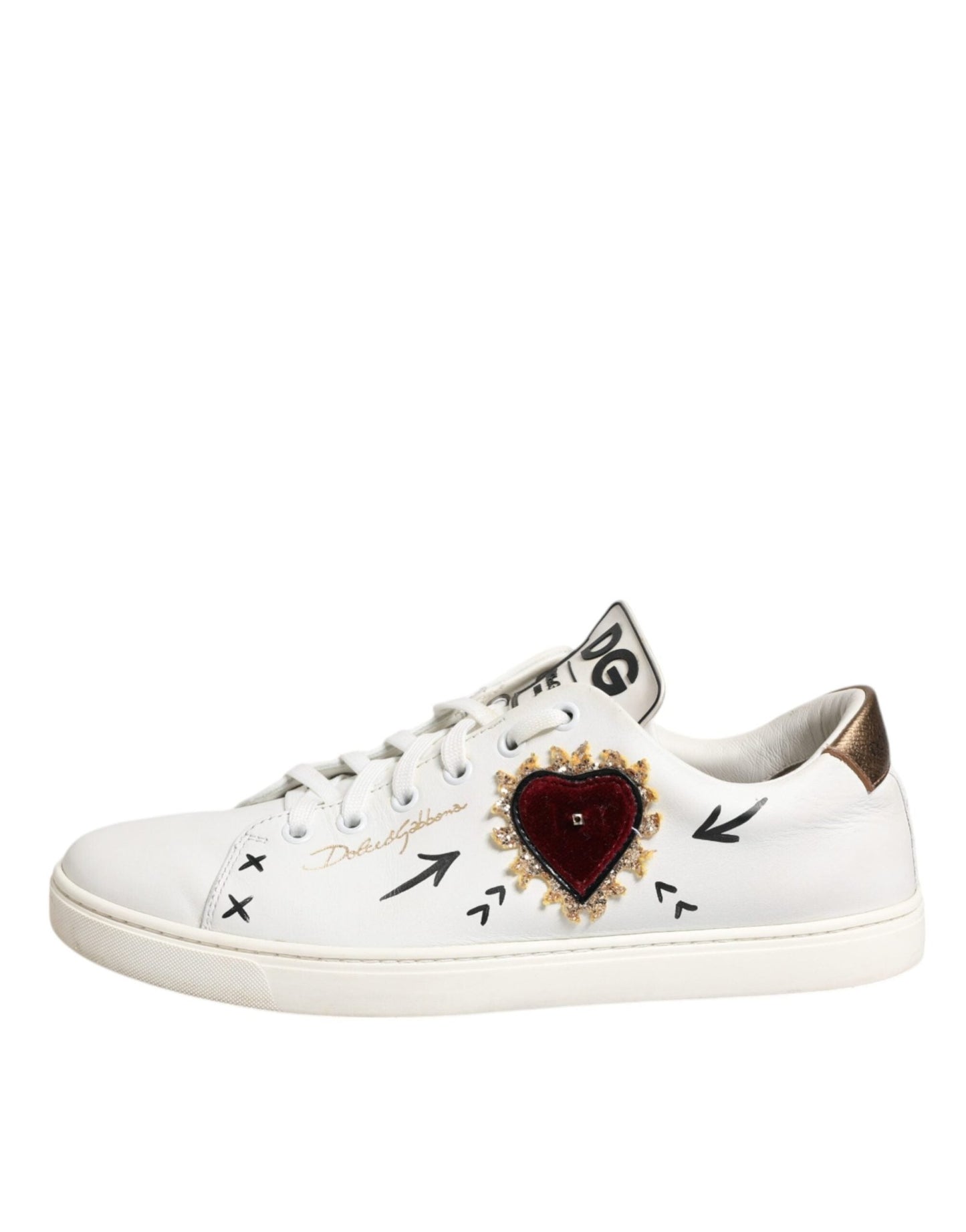 Dolce & Gabbana White Leather Heart Embellished Sneakers Shoes - SMARTMARTNZ
