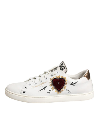 Dolce & Gabbana White Leather Heart Embellished Sneakers Shoes - SMARTMARTNZ