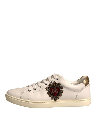 Dolce & Gabbana White Leather Heart Embellished Sneakers Shoes - SMARTMARTNZ