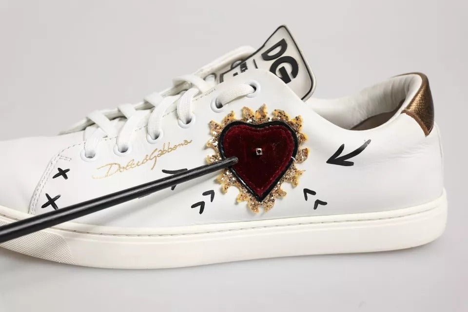 Dolce & Gabbana White Leather Heart Embellished Sneakers Shoes - SMARTMARTNZ
