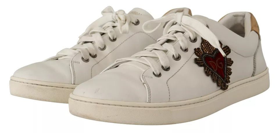 Dolce & Gabbana White Leather Heart Low Top Casual Sneakers Shoes - SMARTMARTNZ