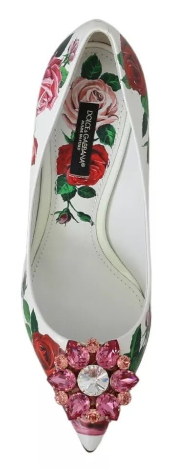 Dolce & Gabbana White Leather Roses Crystal Pumps Shoes - SMARTMARTNZ