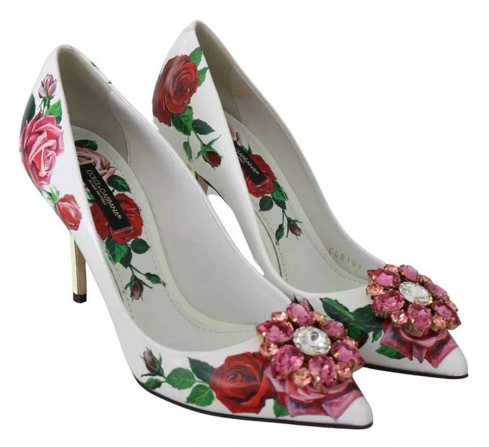 Dolce & Gabbana White Leather Roses Crystal Pumps Shoes - SMARTMARTNZ