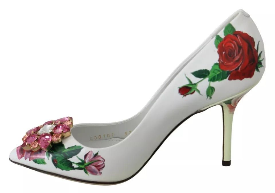 Dolce & Gabbana White Leather Roses Crystal Pumps Shoes - SMARTMARTNZ