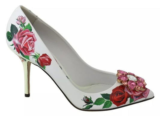 Dolce & Gabbana White Leather Roses Crystal Pumps Shoes - SMARTMARTNZ