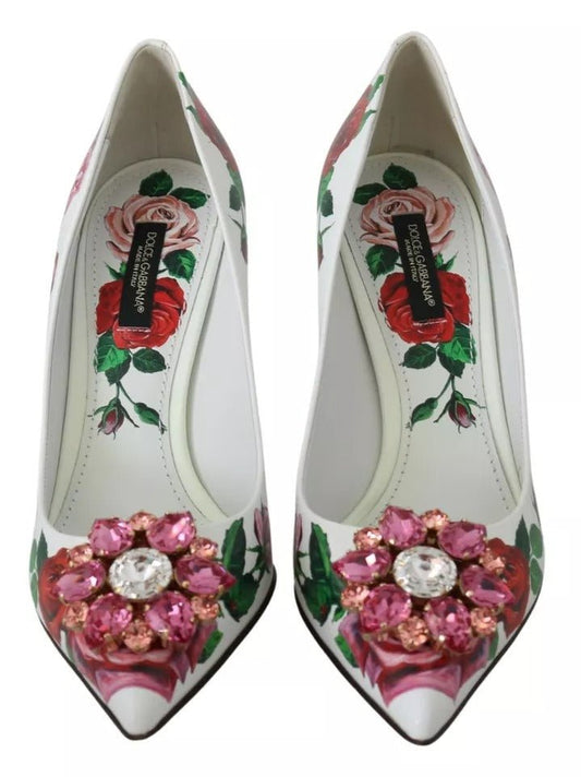 Dolce & Gabbana White Leather Roses Crystal Pumps Shoes - SMARTMARTNZ