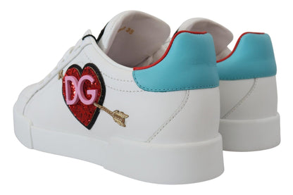 Dolce & Gabbana White Leather Sneaker Portofino Logo Heart Shoes - SMARTMARTNZ
