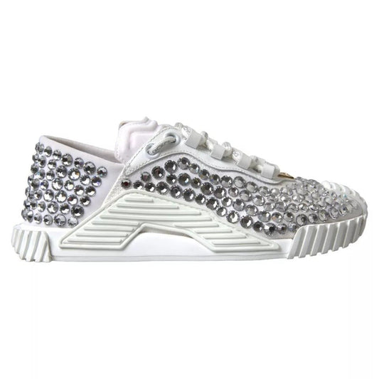 Dolce & Gabbana White NS1 Canvas Leather Embellished Sneakers Shoes - SMARTMARTNZ