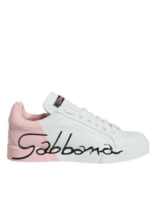 Dolce & Gabbana White Pink Portofino Low Top Sneakers Shoes - SMARTMARTNZ