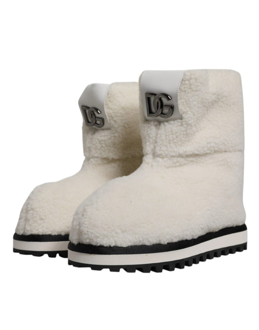 Dolce & Gabbana White Plush Logo Padded Mid Calf Boots Shoes - SMARTMARTNZ