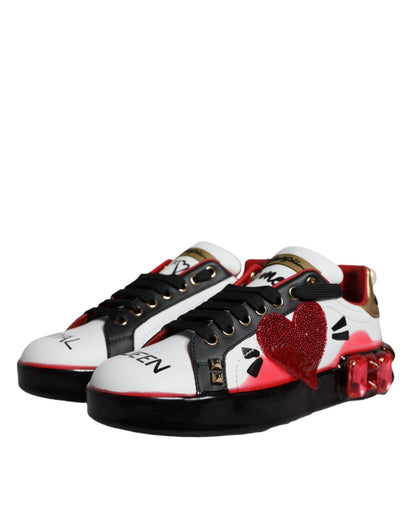 Dolce & Gabbana White Red Crystals Leather Portofino Sneakers Shoes - SMARTMARTNZ