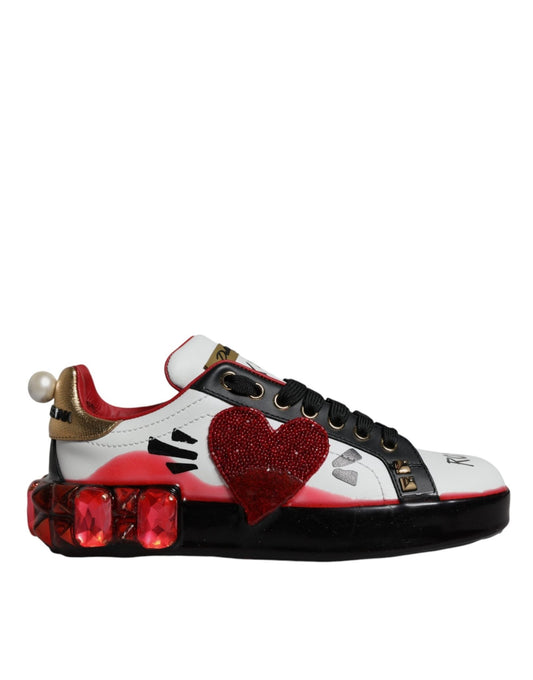Dolce & Gabbana White Red Crystals Leather Portofino Sneakers Shoes - SMARTMARTNZ