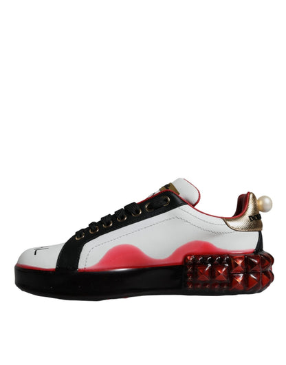 Dolce & Gabbana White Red Crystals Leather Portofino Sneakers Shoes - SMARTMARTNZ