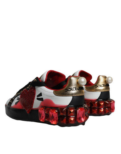 Dolce & Gabbana White Red Crystals Leather Portofino Sneakers Shoes - SMARTMARTNZ