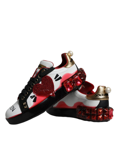 Dolce & Gabbana White Red Crystals Leather Portofino Sneakers Shoes - SMARTMARTNZ