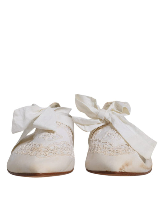 Dolce & Gabbana White Ribbon Fabric Ballerina Flats Shoes - SMARTMARTNZ