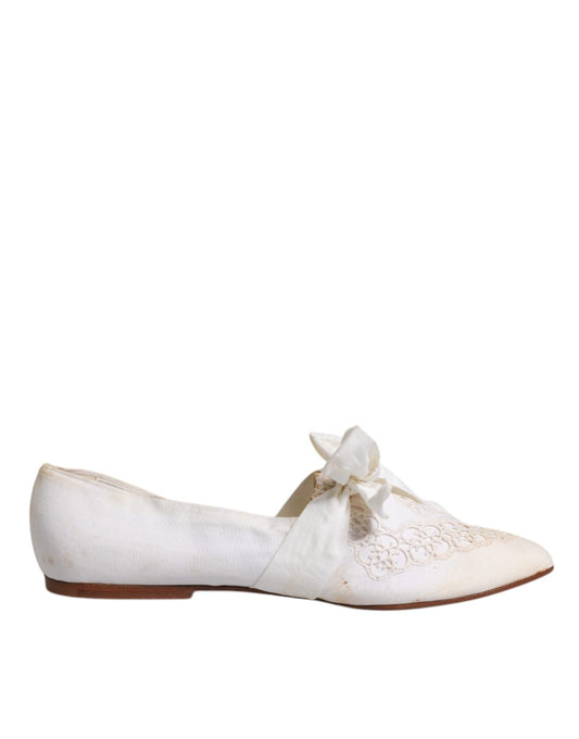 Dolce & Gabbana White Ribbon Fabric Ballerina Flats Shoes - SMARTMARTNZ