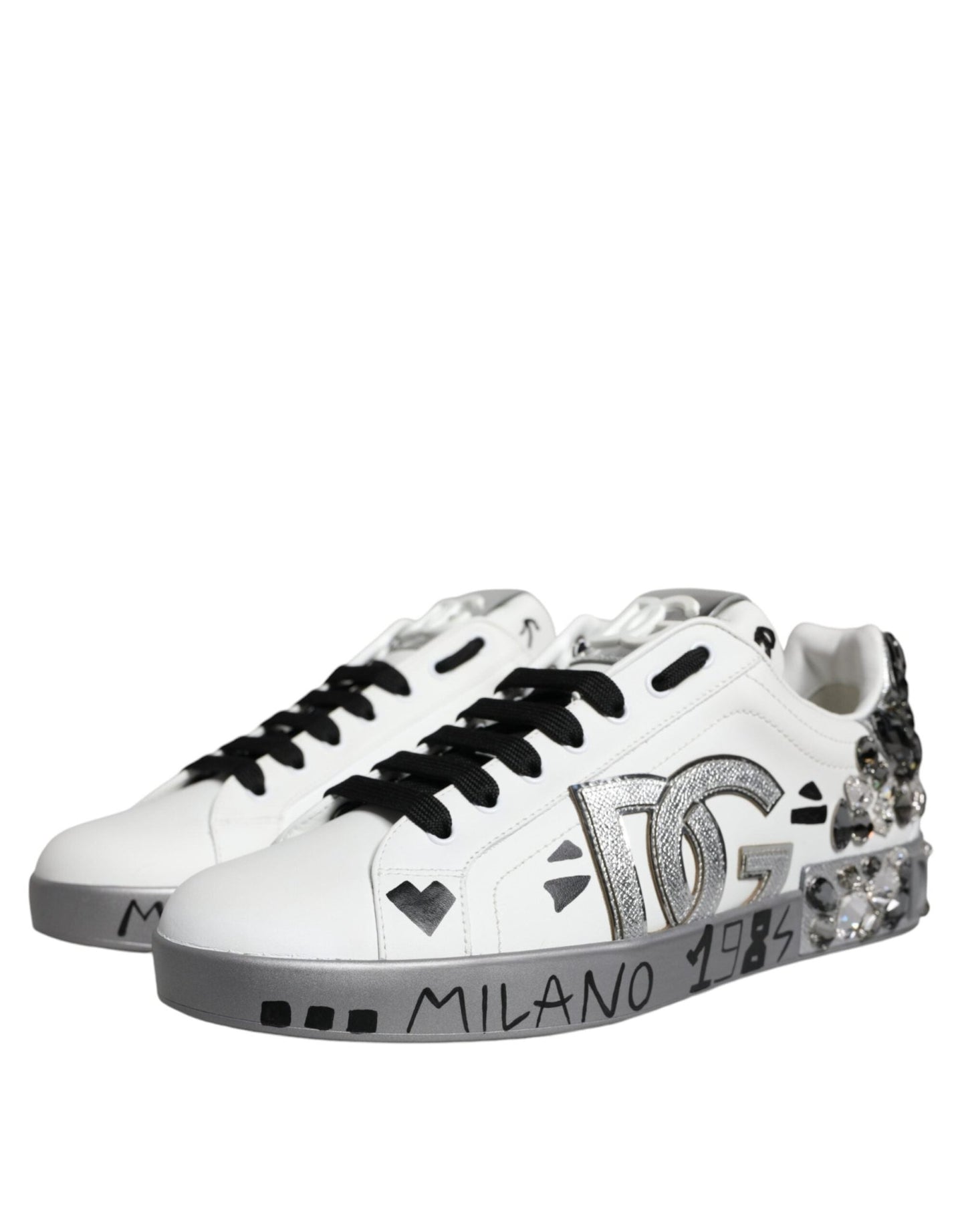 Dolce & Gabbana White Silver Crystal Logo Portofino Sneakers Shoes - SMARTMARTNZ