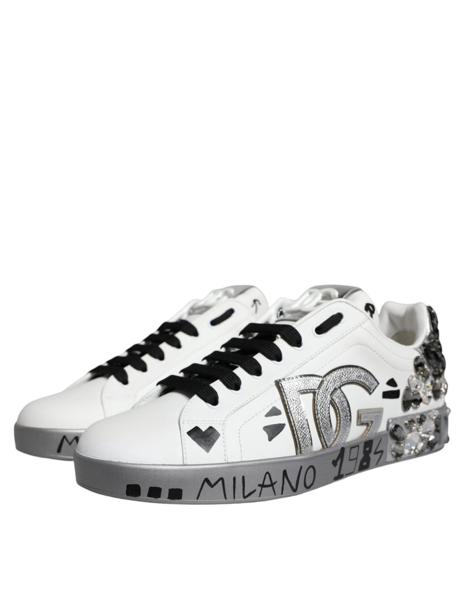 Dolce & Gabbana White Silver Crystal Logo Portofino Sneakers Shoes - SMARTMARTNZ