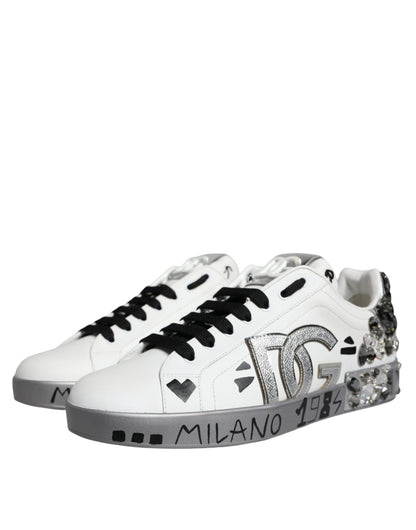 Dolce & Gabbana White Silver Crystal Logo Portofino Sneakers Shoes - SMARTMARTNZ