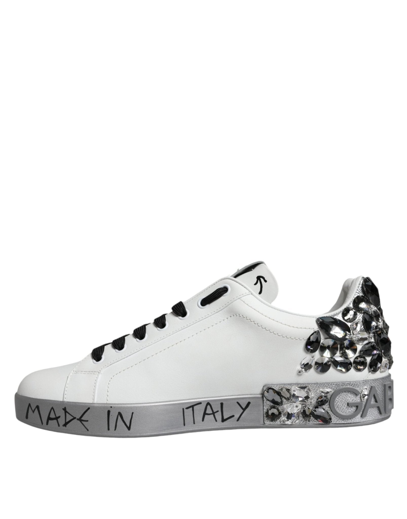 Dolce & Gabbana White Silver Crystal Logo Portofino Sneakers Shoes - SMARTMARTNZ