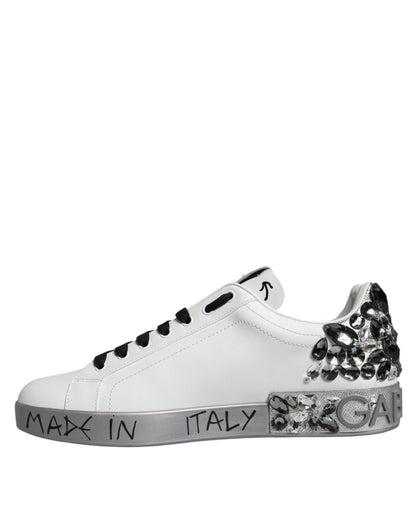 Dolce & Gabbana White Silver Crystal Logo Portofino Sneakers Shoes - SMARTMARTNZ