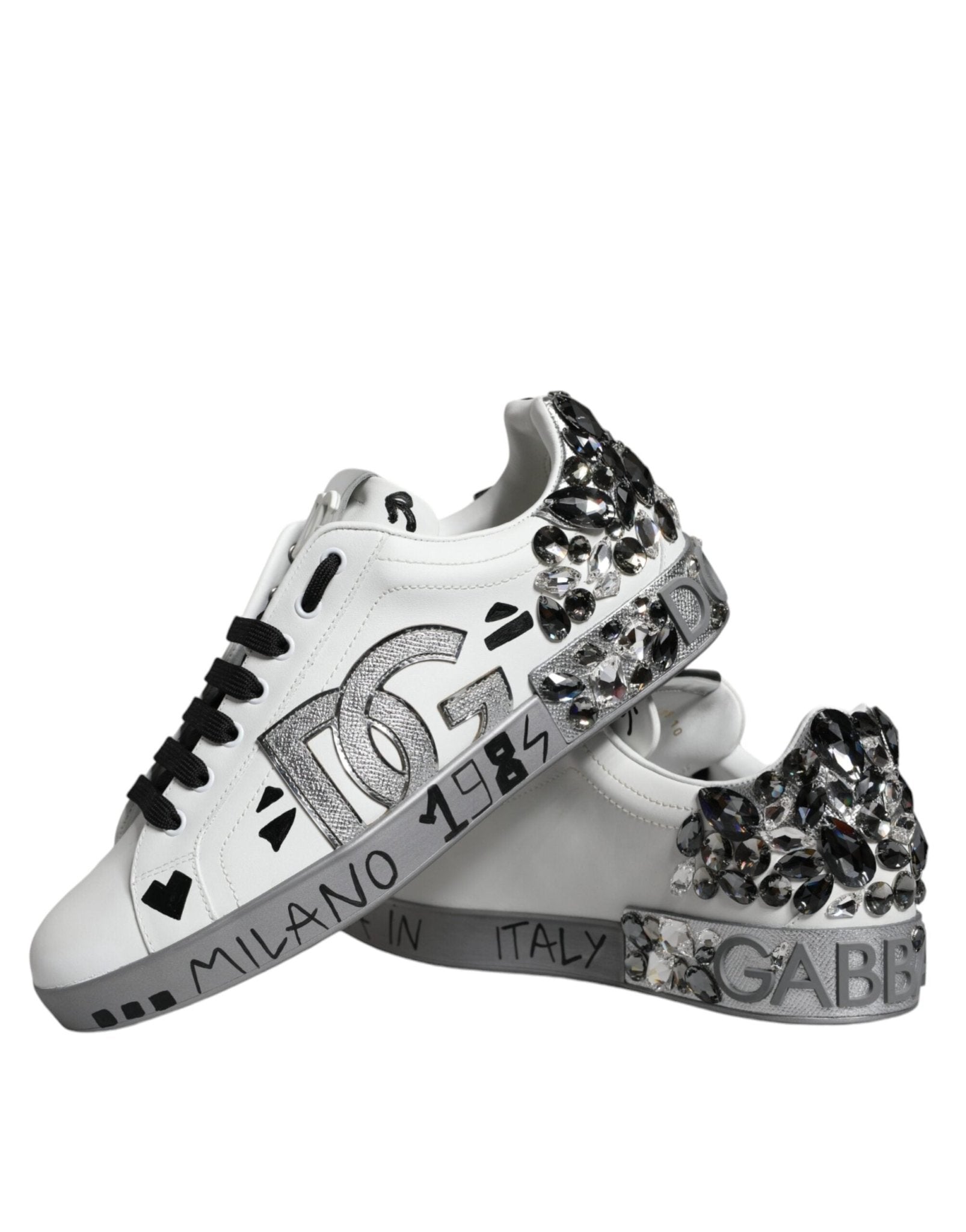 Dolce & Gabbana White Silver Crystal Logo Portofino Sneakers Shoes - SMARTMARTNZ