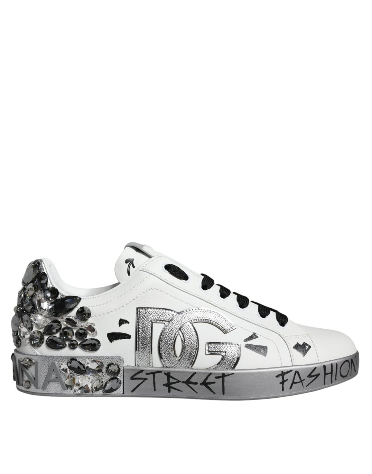 Dolce & Gabbana White Silver Crystal Logo Portofino Sneakers Shoes - SMARTMARTNZ