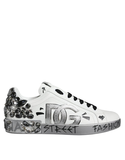 Dolce & Gabbana White Silver Crystal Logo Portofino Sneakers Shoes - SMARTMARTNZ