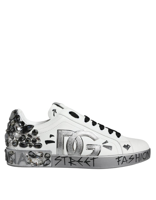 Dolce & Gabbana White Silver Crystal Logo Portofino Sneakers Shoes - SMARTMARTNZ