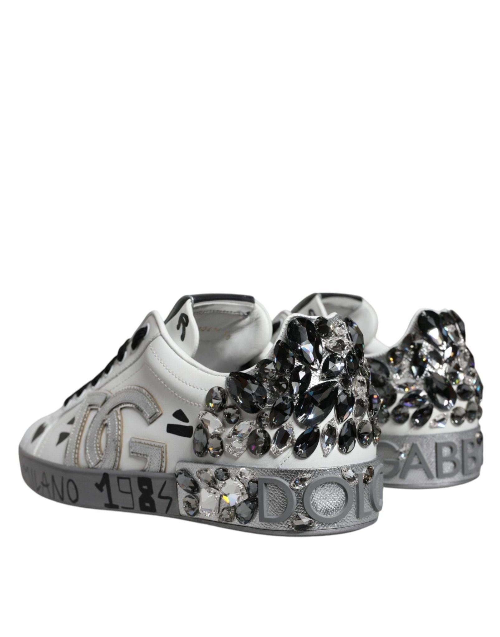 Dolce & Gabbana White Silver Crystal Logo Portofino Sneakers Shoes - SMARTMARTNZ
