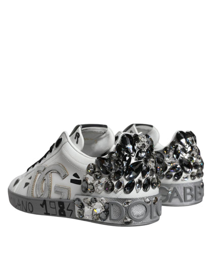 Dolce & Gabbana White Silver Crystal Logo Portofino Sneakers Shoes - SMARTMARTNZ