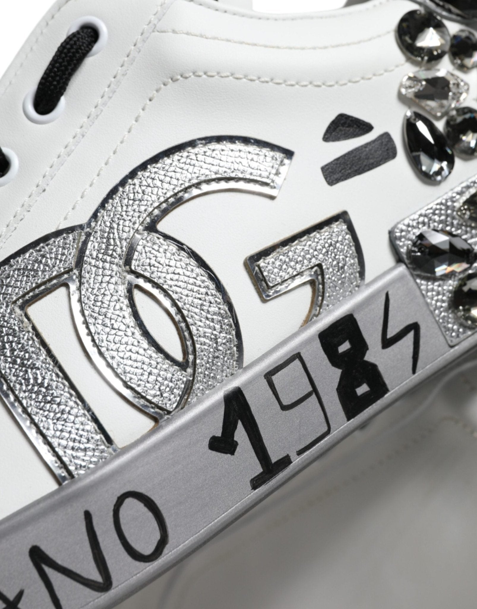Dolce & Gabbana White Silver Crystal Logo Portofino Sneakers Shoes - SMARTMARTNZ