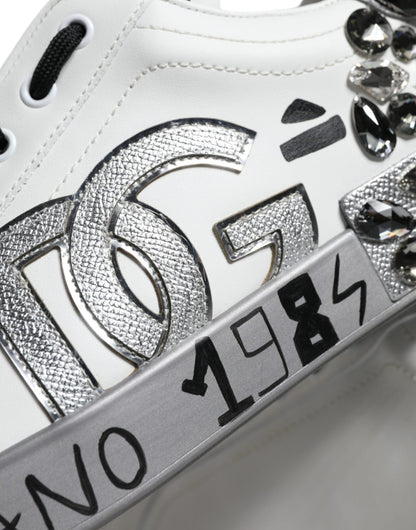 Dolce & Gabbana White Silver Crystal Logo Portofino Sneakers Shoes - SMARTMARTNZ