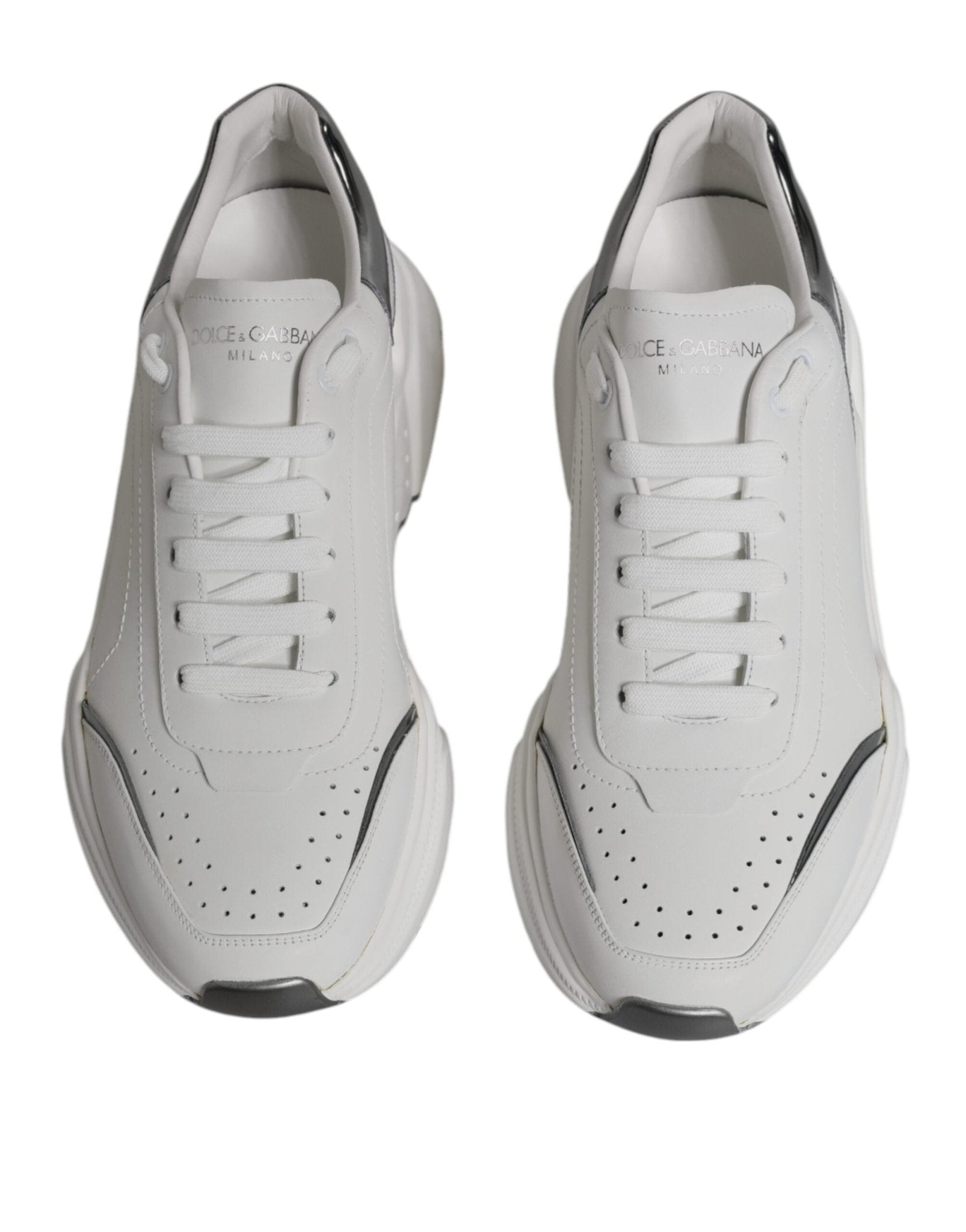 Dolce & Gabbana White Silver DAYMASTER Leather Sneakers Shoes - SMARTMARTNZ